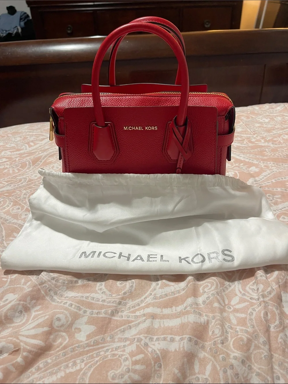 Michael Kors Red Pebbled Leather Satchel with Gold Hardware